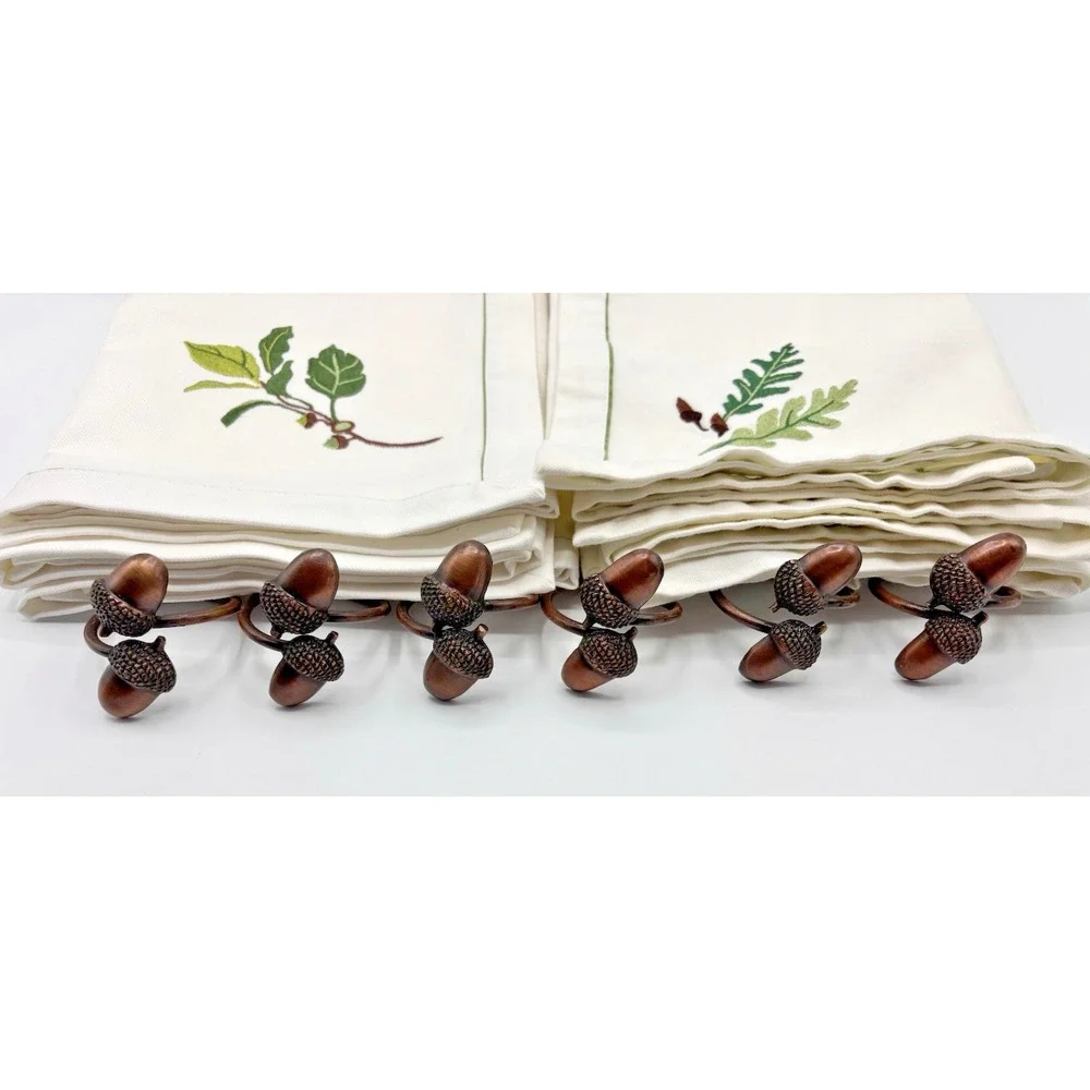 Crate & Barrel Embroidered SET of 6 Acorn Dinner Napkins PLUS Holders Rings